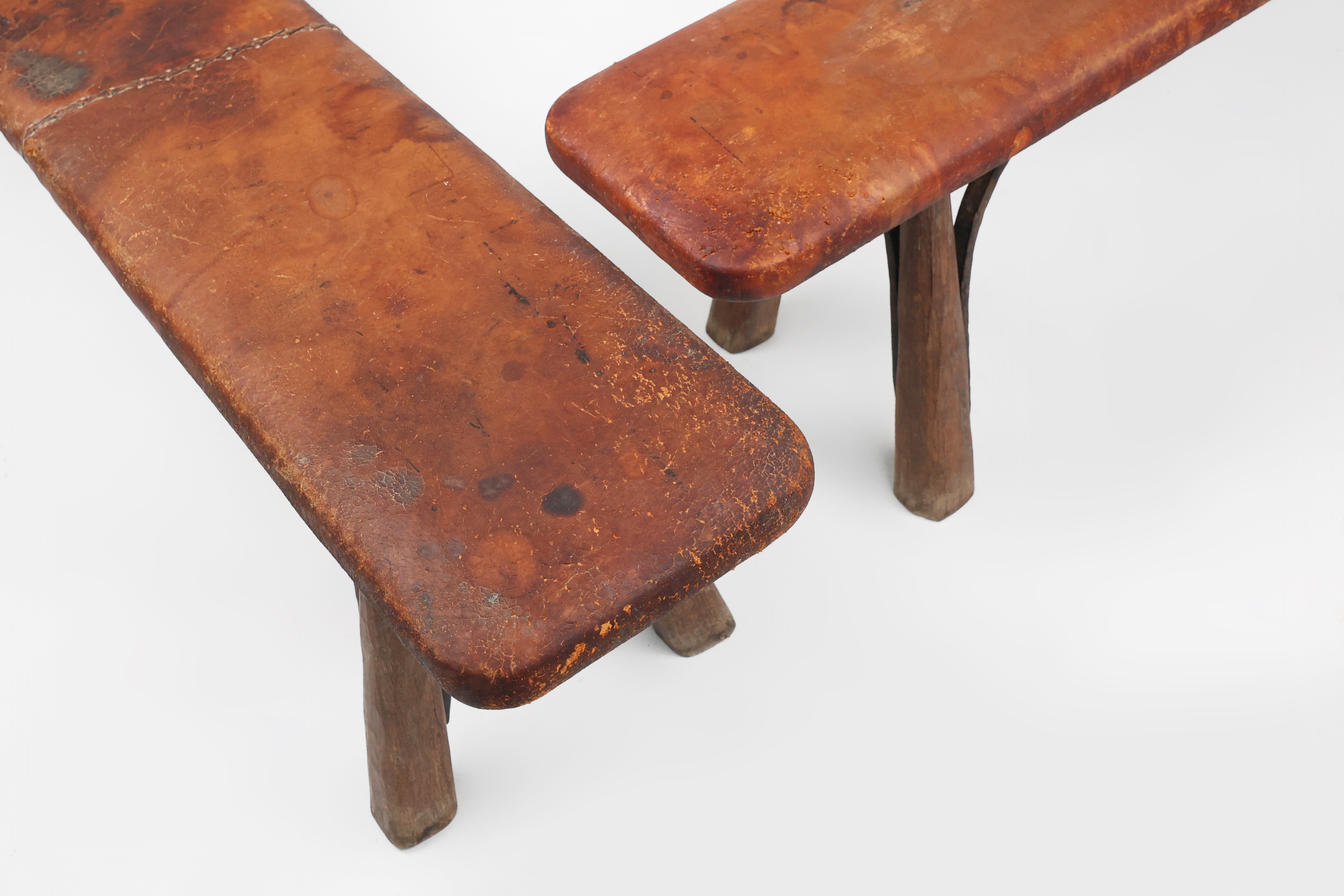 Two rare industrial gym benches in oak and wrought iron with leather topthumbnail